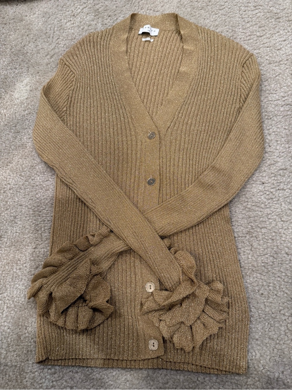 Sandro Slim Ribbed V-Neck Button-Front Cardigan in Tan with Ruffle Cuffs